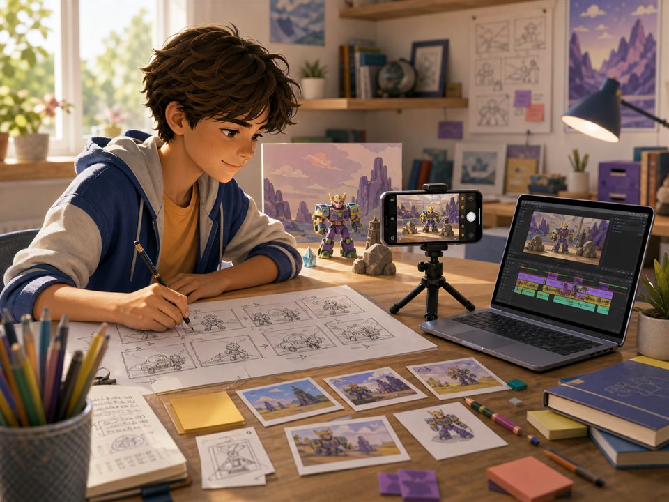 Школьник рисует раскадровку и снимает короткое видео с игрушечным героем
